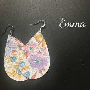 "Emma" White Floral Leather Teardrop Earrings